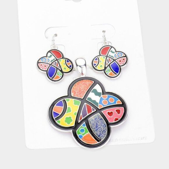 Patterned Enamel Quatrefoil Pendant Set by icon Collection NWT - Picture 7 of 9